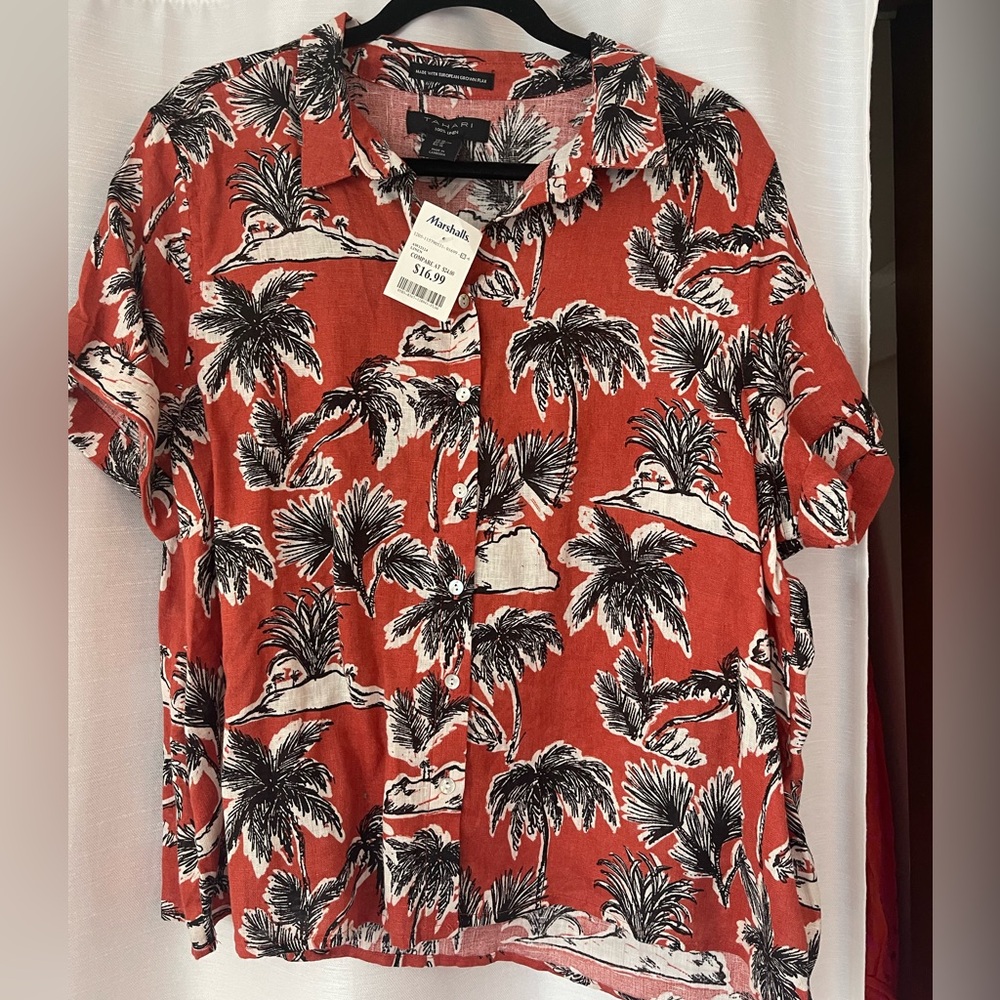 Tahari, button up, linen, palm tree print XL, new with tags
